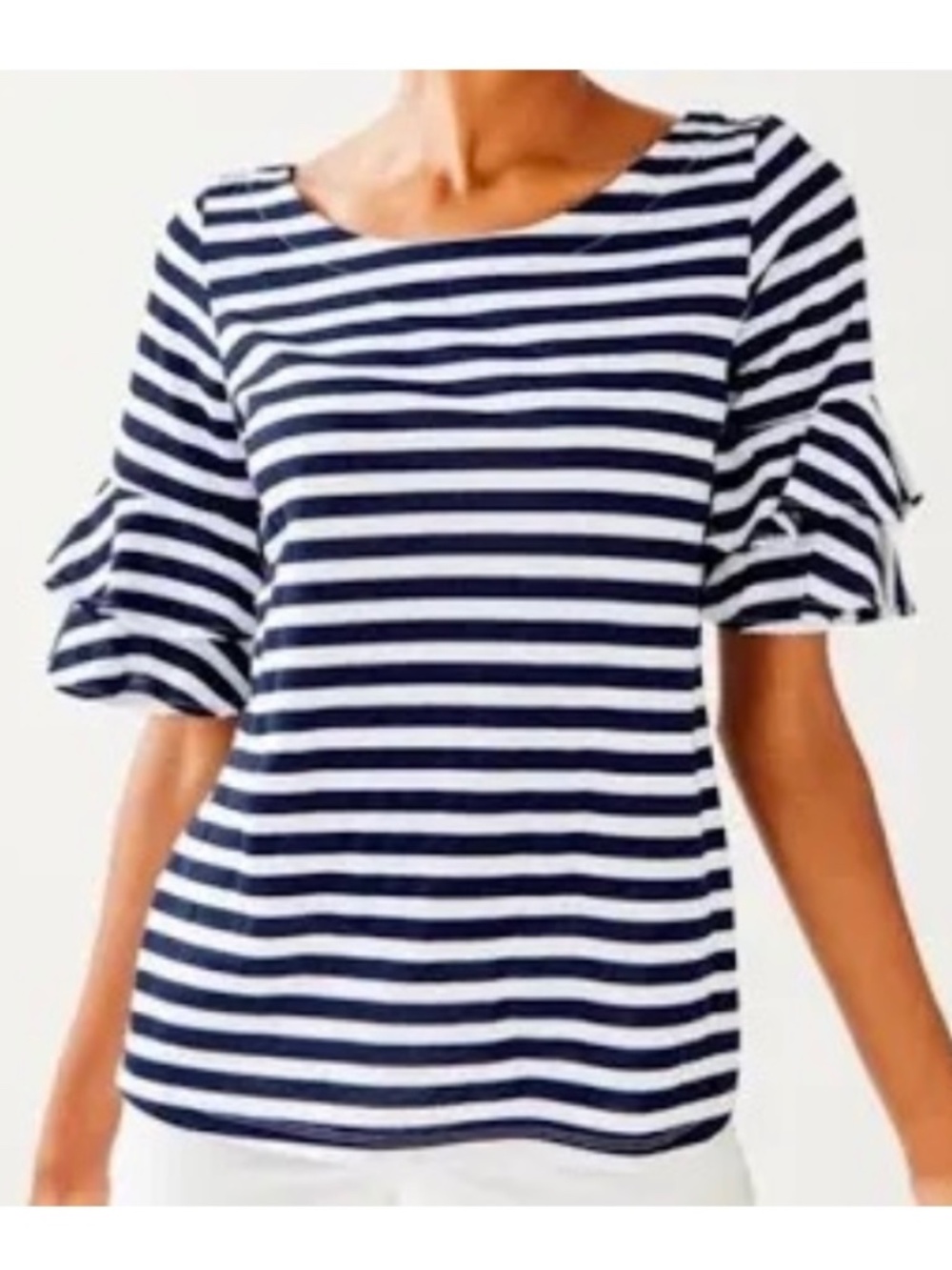 Lilly Pulitzer Navy Blue White Stripe Ruffle Sleeve Top Boat Neck Classic Sz XXS